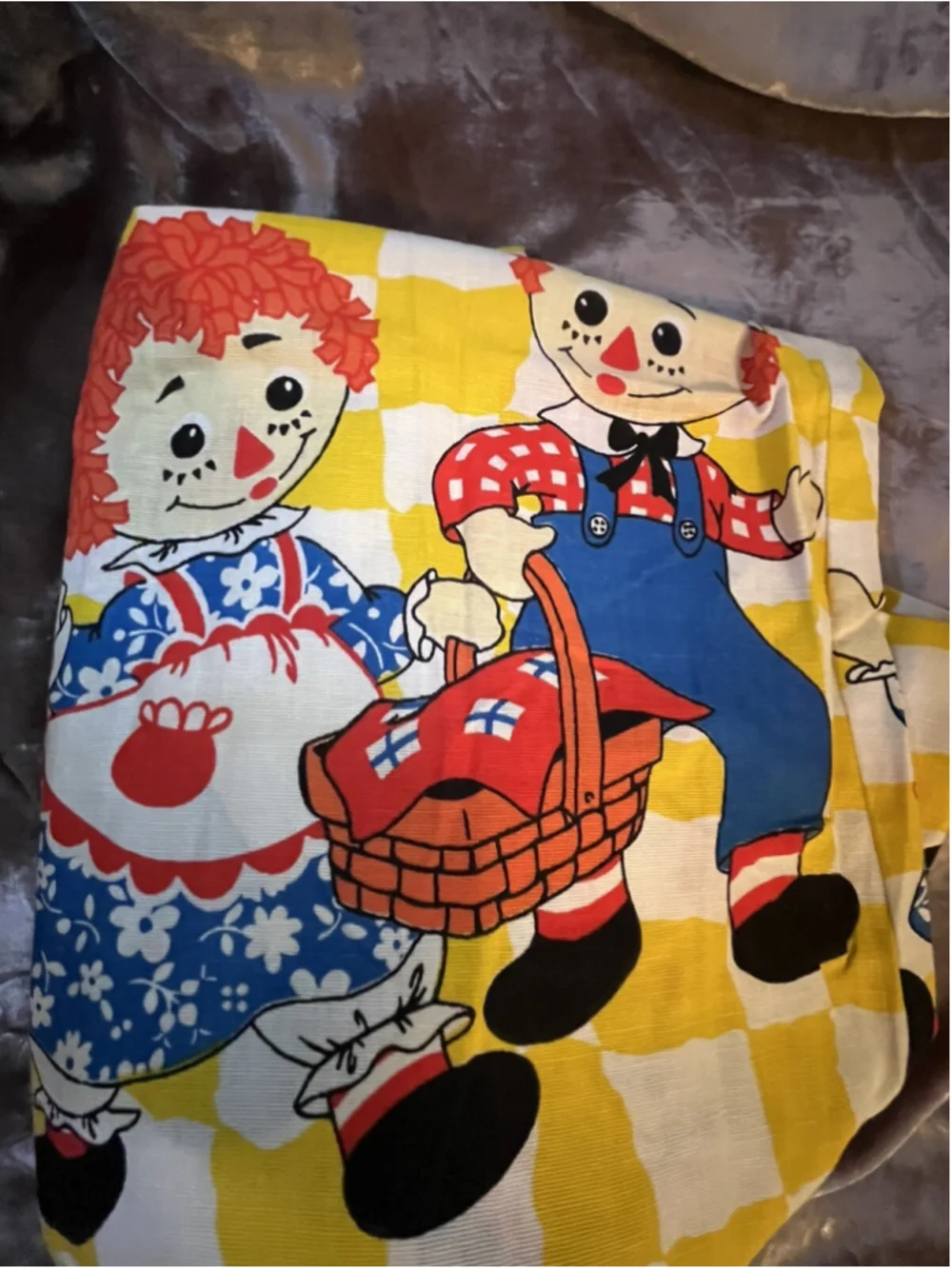 vintage raggedy ann and andy curtain panel pair set yellow checkered SEE PICTURE